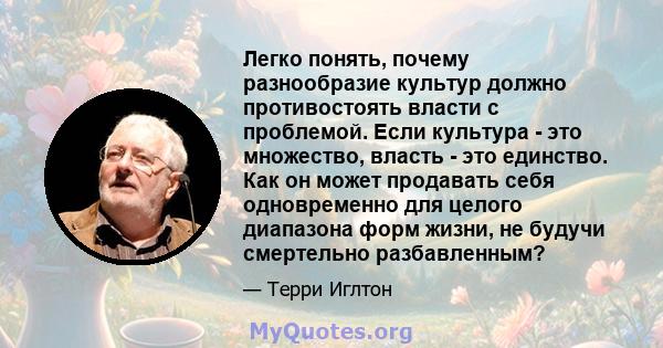 Легко понять, почему разнообразие культур должно противостоять власти с проблемой. Если культура - это множество, власть - это единство. Как он может продавать себя одновременно для целого диапазона форм жизни, не