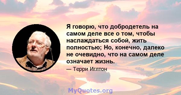 Я говорю, что добродетель на самом деле все о том, чтобы наслаждаться собой, жить полностью; Но, конечно, далеко не очевидно, что на самом деле означает жизнь.