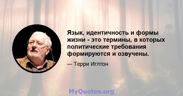 Язык, идентичность и формы жизни - это термины, в которых политические требования формируются и озвучены.