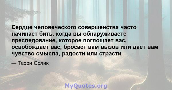 Сердце человеческого совершенства часто начинает бить, когда вы обнаруживаете преследование, которое поглощает вас, освобождает вас, бросает вам вызов или дает вам чувство смысла, радости или страсти.