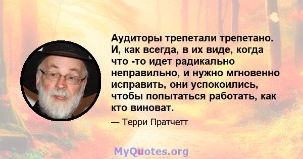 Аудиторы трепетали трепетано. И, как всегда, в их виде, когда что -то идет радикально неправильно, и нужно мгновенно исправить, они успокоились, чтобы попытаться работать, как кто виноват.