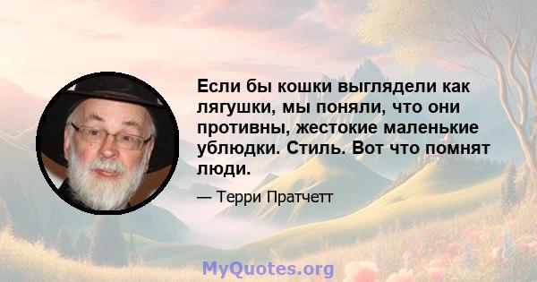 Если бы кошки выглядели как лягушки, мы поняли, что они противны, жестокие маленькие ублюдки. Стиль. Вот что помнят люди.