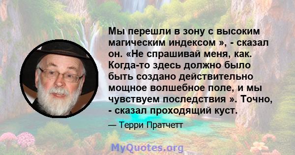 Мы перешли в зону с высоким магическим индексом », - сказал он. «Не спрашивай меня, как. Когда-то здесь должно было быть создано действительно мощное волшебное поле, и мы чувствуем последствия ». Точно, - сказал