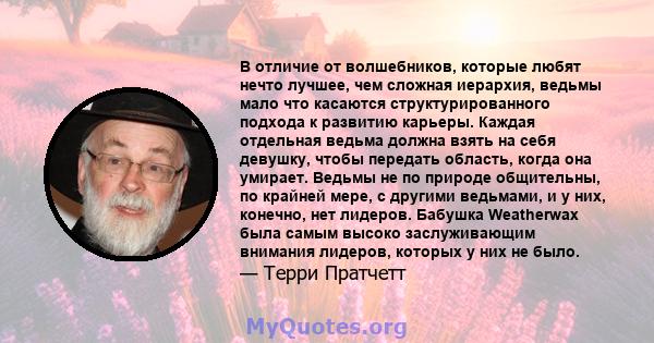 В отличие от волшебников, которые любят нечто лучшее, чем сложная иерархия, ведьмы мало что касаются структурированного подхода к развитию карьеры. Каждая отдельная ведьма должна взять на себя девушку, чтобы передать