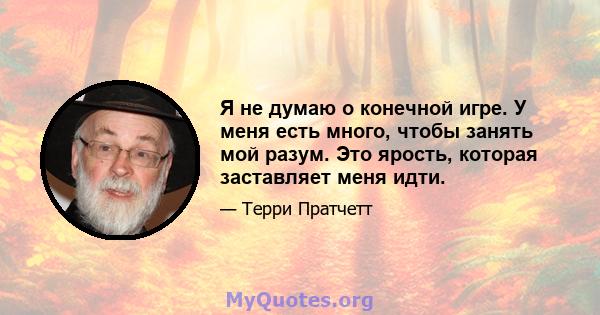 Я не думаю о конечной игре. У меня есть много, чтобы занять мой разум. Это ярость, которая заставляет меня идти.