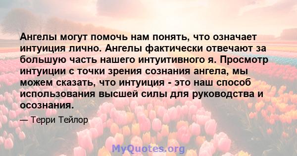 Ангелы могут помочь нам понять, что означает интуиция лично. Ангелы фактически отвечают за большую часть нашего интуитивного я. Просмотр интуиции с точки зрения сознания ангела, мы можем сказать, что интуиция - это наш