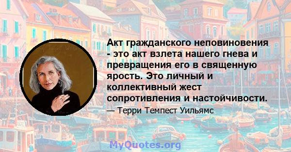 Акт гражданского неповиновения - это акт взлета нашего гнева и превращения его в священную ярость. Это личный и коллективный жест сопротивления и настойчивости.