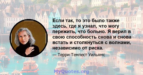 Если так, то это было также здесь, где я узнал, что могу пережить, что больно. Я верил в свою способность снова и снова встать и столкнуться с волнами, независимо от риска.