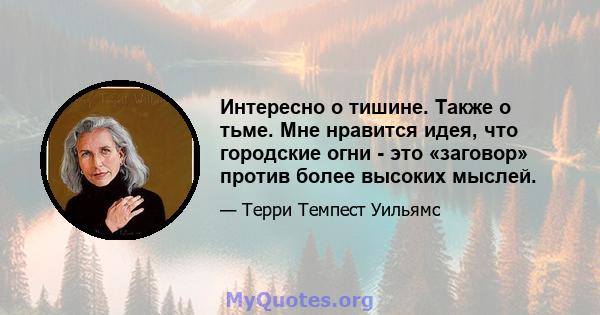 Интересно о тишине. Также о тьме. Мне нравится идея, что городские огни - это «заговор» против более высоких мыслей.