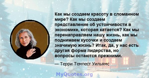 Как мы создаем красоту в сломанном мире? Как мы создаем представление об устойчивости в экономике, которая катается? Как мы перенаправляем нашу жизнь, как мы поднимаем кусочки и создаем значимую жизнь? Итак, да, у нас