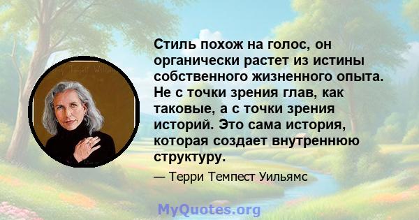 Стиль похож на голос, он органически растет из истины собственного жизненного опыта. Не с точки зрения глав, как таковые, а с точки зрения историй. Это сама история, которая создает внутреннюю структуру.