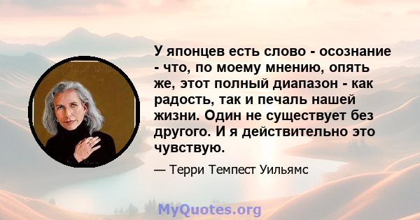 У японцев есть слово - осознание - что, по моему мнению, опять же, этот полный диапазон - как радость, так и печаль нашей жизни. Один не существует без другого. И я действительно это чувствую.