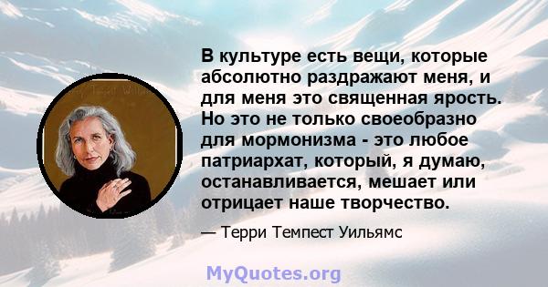 В культуре есть вещи, которые абсолютно раздражают меня, и для меня это священная ярость. Но это не только своеобразно для мормонизма - это любое патриархат, который, я думаю, останавливается, мешает или отрицает наше