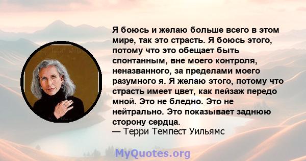 Я боюсь и желаю больше всего в этом мире, так это страсть. Я боюсь этого, потому что это обещает быть спонтанным, вне моего контроля, неназванного, за пределами моего разумного я. Я желаю этого, потому что страсть имеет 