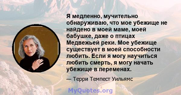 Я медленно, мучительно обнаруживаю, что мое убежище не найдено в моей маме, моей бабушке, даже о птицах Медвежьей реки. Мое убежище существует в моей способности любить. Если я могу научиться любить смерть, я могу