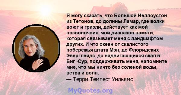 Я могу сказать, что Большой Йеллоустон из Тетонов, до долины Ламар, где волки воют и гризли, действует как мой позвоночник, мой диапазон памяти, которая связывает меня с ландшафтом других. И что океан от скалистого