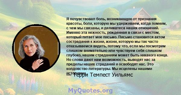 Я почувствовал боль, возникающую от признания красоты, боли, которую мы удерживаем, когда помним, с чем мы связаны, и деликатеса наших отношений. Именно эта нежность, рожденная в связи с местом, который питает мое