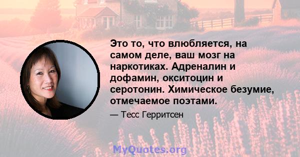 Это то, что влюбляется, на самом деле, ваш мозг на наркотиках. Адреналин и дофамин, окситоцин и серотонин. Химическое безумие, отмечаемое поэтами.