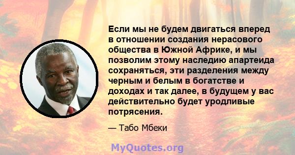 Если мы не будем двигаться вперед в отношении создания нерасового общества в Южной Африке, и мы позволим этому наследию апартеида сохраняться, эти разделения между черным и белым в богатстве и доходах и так далее, в