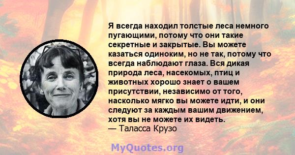 Я всегда находил толстые леса немного пугающими, потому что они такие секретные и закрытые. Вы можете казаться одиноким, но не так, потому что всегда наблюдают глаза. Вся дикая природа леса, насекомых, птиц и животных