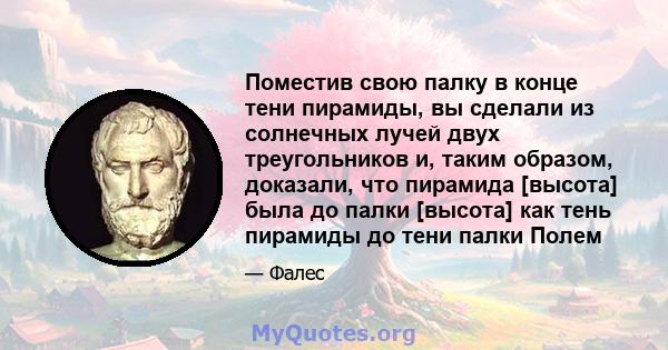 Поместив свою палку в конце тени пирамиды, вы сделали из солнечных лучей двух треугольников и, таким образом, доказали, что пирамида [высота] была до палки [высота] как тень пирамиды до тени палки Полем