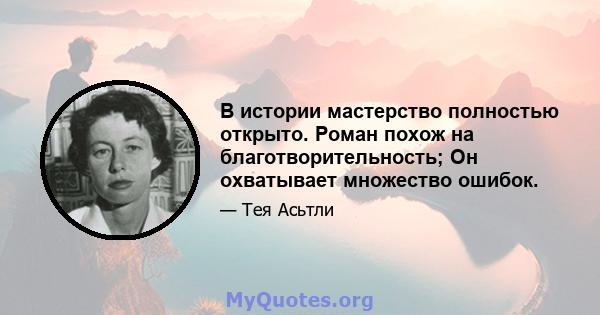 В истории мастерство полностью открыто. Роман похож на благотворительность; Он охватывает множество ошибок.