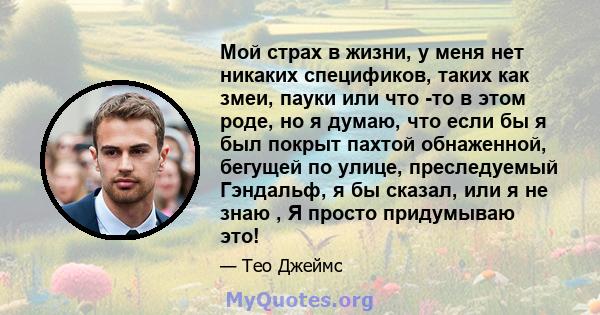 Мой страх в жизни, у меня нет никаких спецификов, таких как змеи, пауки или что -то в этом роде, но я думаю, что если бы я был покрыт пахтой обнаженной, бегущей по улице, преследуемый Гэндальф, я бы сказал, или я не