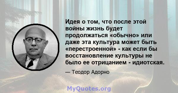 Идея о том, что после этой войны жизнь будет продолжаться «обычно» или даже эта культура может быть «перестроенной» - как если бы восстановление культуры не было ее отрицанием - идиотская.