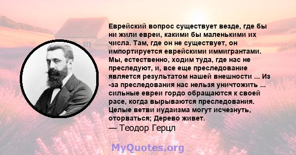 Еврейский вопрос существует везде, где бы ни жили евреи, какими бы маленькими их числа. Там, где он не существует, он импортируется еврейскими иммигрантами. Мы, естественно, ходим туда, где нас не преследуют, и, все еще 