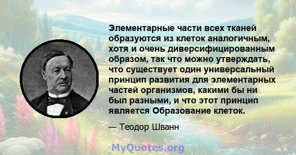 Элементарные части всех тканей образуются из клеток аналогичным, хотя и очень диверсифицированным образом, так что можно утверждать, что существует один универсальный принцип развития для элементарных частей организмов, 