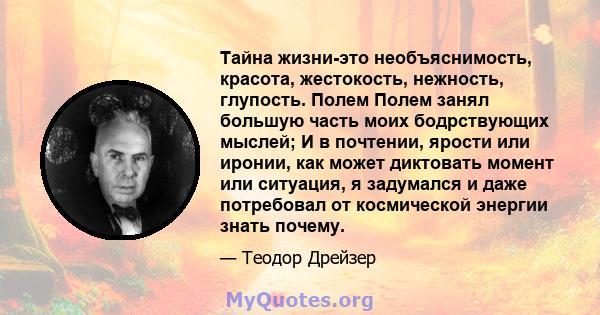 Тайна жизни-это необъяснимость, красота, жестокость, нежность, глупость. Полем Полем занял большую часть моих бодрствующих мыслей; И в почтении, ярости или иронии, как может диктовать момент или ситуация, я задумался и