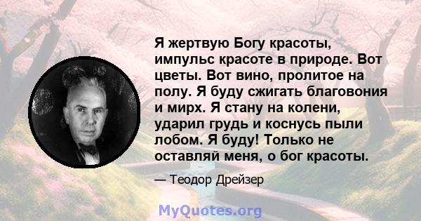 Я жертвую Богу красоты, импульс красоте в природе. Вот цветы. Вот вино, пролитое на полу. Я буду сжигать благовония и мирх. Я стану на колени, ударил грудь и коснусь пыли лобом. Я буду! Только не оставляй меня, о бог