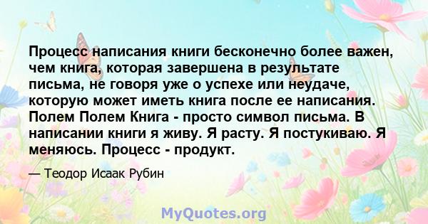 Процесс написания книги бесконечно более важен, чем книга, которая завершена в результате письма, не говоря уже о успехе или неудаче, которую может иметь книга после ее написания. Полем Полем Книга - просто символ