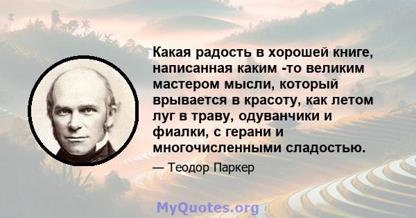 Какая радость в хорошей книге, написанная каким -то великим мастером мысли, который врывается в красоту, как летом луг в траву, одуванчики и фиалки, с герани и многочисленными сладостью.