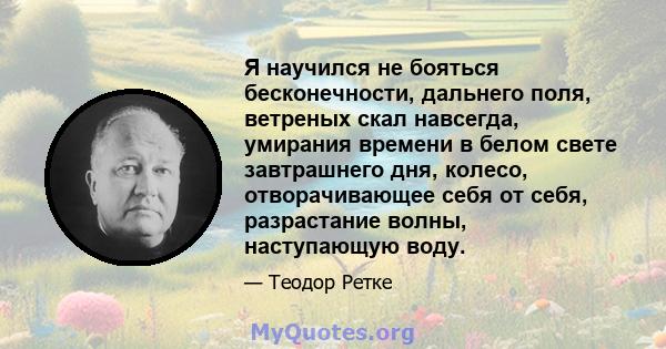 Я научился не бояться бесконечности, дальнего поля, ветреных скал навсегда, умирания времени в белом свете завтрашнего дня, колесо, отворачивающее себя от себя, разрастание волны, наступающую воду.