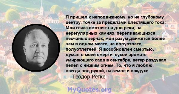 Я пришел к неподвижному, но не глубокому центру, точке за пределами блестящего тока; Мои глаза смотрят на дно реки, на нерегулярных камнях, переливающихся песчаных зернах, мой разум движется более чем в одном месте, на