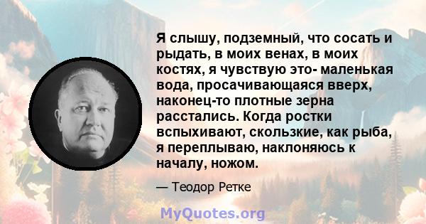 Я слышу, подземный, что сосать и рыдать, в моих венах, в моих костях, я чувствую это- маленькая вода, просачивающаяся вверх, наконец-то плотные зерна расстались. Когда ростки вспыхивают, скользкие, как рыба, я