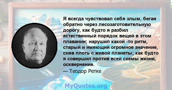 Я всегда чувствовал себя злым, бегая обратно через лесозаготовительную дорогу, как будто я разбил естественный порядок вещей в этом плавании; нарушил какой -то ритм, старый и имеющий огромное значение, сняв плоть с