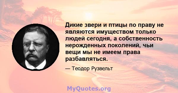 Дикие звери и птицы по праву не являются имуществом только людей сегодня, а собственность нерожденных поколений, чьи вещи мы не имеем права разбавляться.