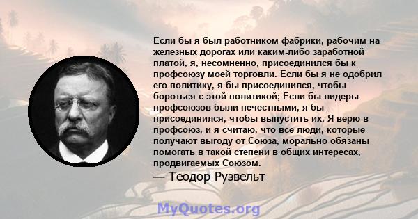 Если бы я был работником фабрики, рабочим на железных дорогах или каким-либо заработной платой, я, несомненно, присоединился бы к профсоюзу моей торговли. Если бы я не одобрил его политику, я бы присоединился, чтобы