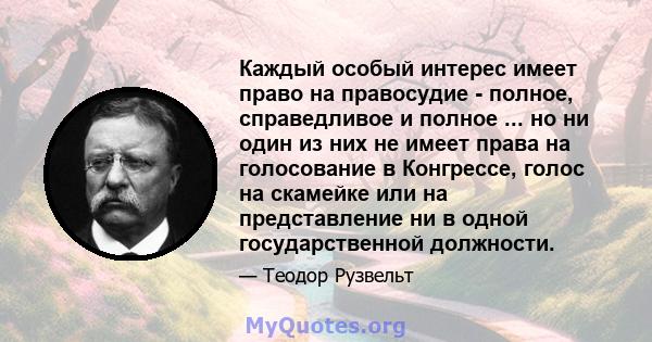 Каждый особый интерес имеет право на правосудие - полное, справедливое и полное ... но ни один из них не имеет права на голосование в Конгрессе, голос на скамейке или на представление ни в одной государственной