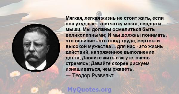 Мягкая, легкая жизнь не стоит жить, если она ухудшает клетчатку мозга, сердца и мышц. Мы должны осмелиться быть великолепными; И мы должны понимать, что величие - это плод труда, жертвы и высокой мужества ... для нас -