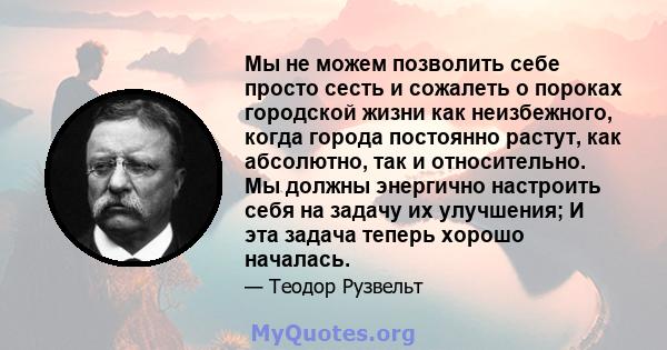 Мы не можем позволить себе просто сесть и сожалеть о пороках городской жизни как неизбежного, когда города постоянно растут, как абсолютно, так и относительно. Мы должны энергично настроить себя на задачу их улучшения;