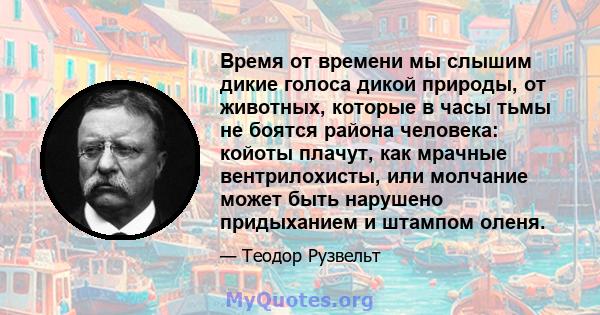 Время от времени мы слышим дикие голоса дикой природы, от животных, которые в часы тьмы не боятся района человека: койоты плачут, как мрачные вентрилохисты, или молчание может быть нарушено придыханием и штампом оленя.