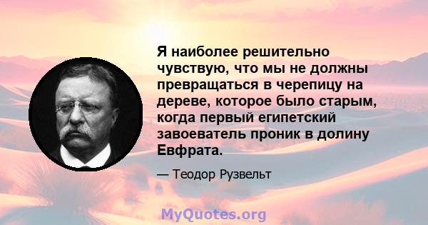 Я наиболее решительно чувствую, что мы не должны превращаться в черепицу на дереве, которое было старым, когда первый египетский завоеватель проник в долину Евфрата.