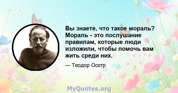 Вы знаете, что такое мораль? Мораль - это послушание правилам, которые люди изложили, чтобы помочь вам жить среди них.