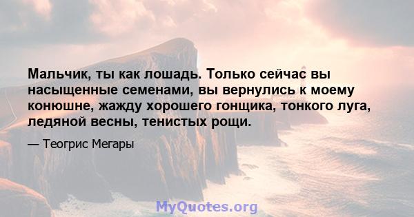 Мальчик, ты как лошадь. Только сейчас вы насыщенные семенами, вы вернулись к моему конюшне, жажду хорошего гонщика, тонкого луга, ледяной весны, тенистых рощи.