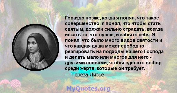 Гораздо позже, когда я понял, что такое совершенство, я понял, что чтобы стать святым, должен сильно страдать, всегда искать то, что лучше, и забыть себя. Я понял, что было много видов святости и что каждая душа может