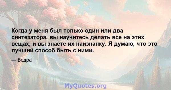 Когда у меня был только один или два синтезатора, вы научитесь делать все на этих вещах, и вы знаете их наизнанку. Я думаю, что это лучший способ быть с ними.