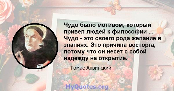 Чудо было мотивом, который привел людей к философии ... Чудо - это своего рода желание в знаниях. Это причина восторга, потому что он несет с собой надежду на открытие.